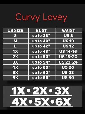 Size Chart for Curvy Lovey Clothing- Tops and Dresses